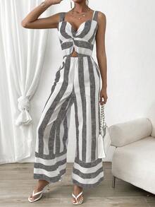 SHEIN Privé 撞色前扭結闊腿吊帶連體褲 - 彩色 - 查看 5