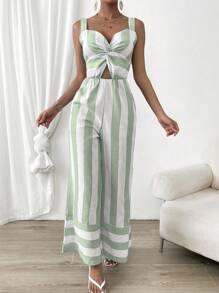 SHEIN Privé 撞色前扭結闊腿吊帶連體褲 - 綠色 - 查看 5