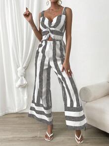 SHEIN Privé 撞色前扭結闊腿吊帶連體褲 - 彩色 - 查看 6