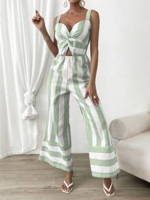 SHEIN Privé 撞色前扭結闊腿吊帶連體褲 - 綠色 - 查看 6