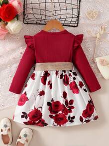 Young Girl 1Pc Casual Long Sleeve Round Neck Rose Patterned A-Line Dress For Spring And Autumn - Red - View 2