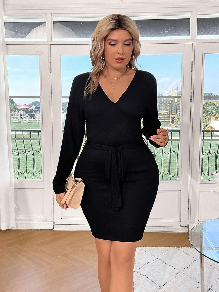 Celure Plus Solid Belted Bodycon Dress - Black - View 4