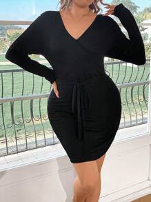 Celure Plus Solid Belted Bodycon Dress - Black - View 5