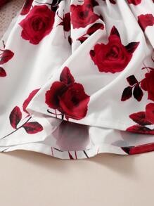 Young Girl 1Pc Casual Long Sleeve Round Neck Rose Patterned A-Line Dress For Spring And Autumn - Red - View 6