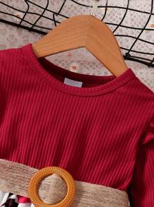 Young Girl 1Pc Casual Long Sleeve Round Neck Rose Patterned A-Line Dress For Spring And Autumn - Red - View 7