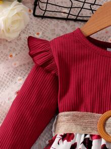 Young Girl 1Pc Casual Long Sleeve Round Neck Rose Patterned A-Line Dress For Spring And Autumn - Red - View 8