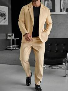 Manfinity Mode Nam Tương phản Đường may bên Áo vest & Quần tây - Màu Khaki - Xem 3