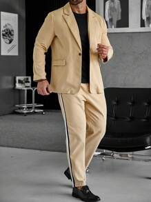 Manfinity Mode Nam Tương phản Đường may bên Áo vest & Quần tây - Màu Khaki - Xem 4