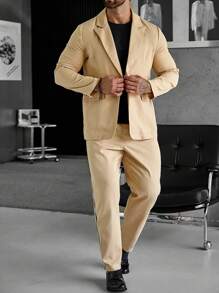 Manfinity Mode Nam Tương phản Đường may bên Áo vest & Quần tây - Màu Khaki - Xem 5