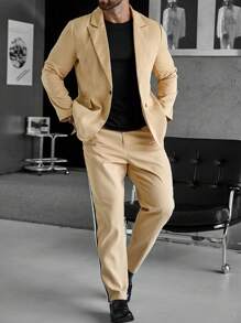 Manfinity Mode Nam Tương phản Đường may bên Áo vest & Quần tây - Màu Khaki - Xem 6