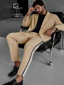 Manfinity Mode Nam Tương phản Đường may bên Áo vest & Quần tây - Màu Khaki - Xem 7