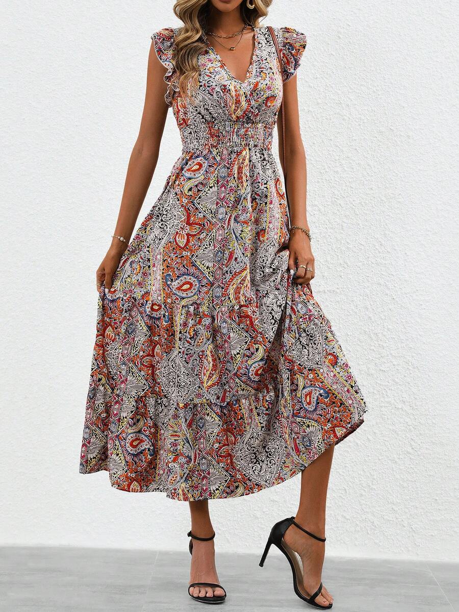 SHEIN LUNE Paisley Print Ruffle Trim Dress - Multicolor - View 1
