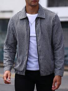 Manfinity Homme 男士犬牙格印花拉鍊外套 - 黑與白 - 查看 3