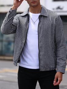 Manfinity Homme 男士犬牙格印花拉鍊外套 - 黑與白 - 查看 4