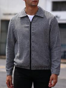 Manfinity Homme 男士犬牙格印花拉鍊外套 - 黑與白 - 查看 5