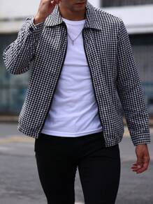 Manfinity Homme 男士犬牙格印花拉鍊外套 - 黑與白 - 查看 6
