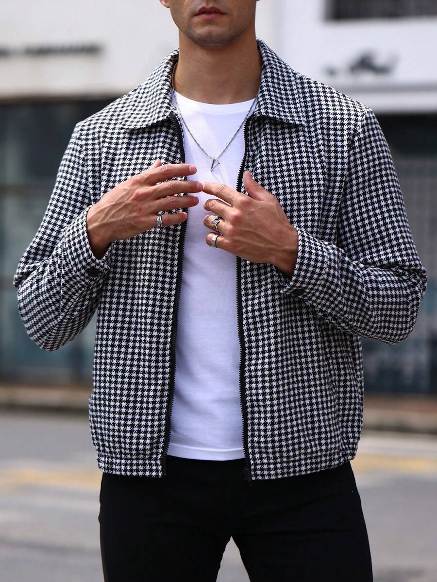 Manfinity Homme 男士犬牙格印花拉鍊外套 - 黑與白 - 查看 1