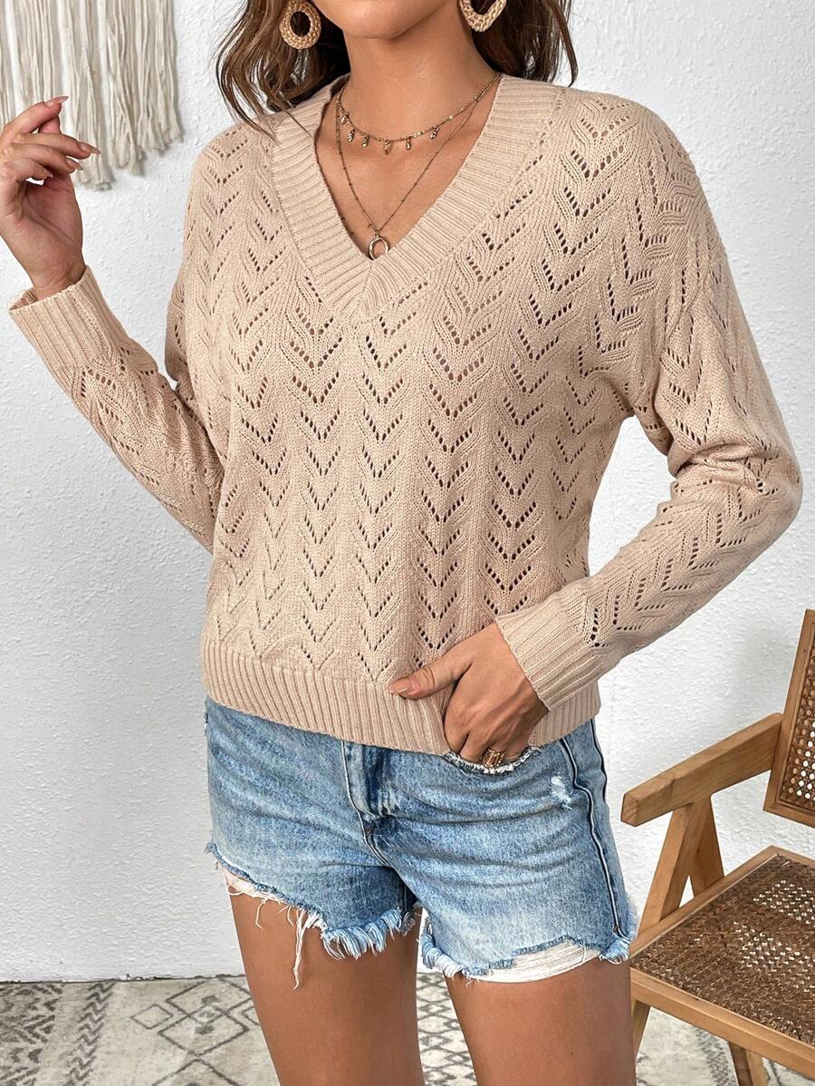 SHEIN VCAY 網眼針織落肩袖套頭毛衣 - 棕色 - 查看 1