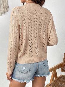 SHEIN VCAY 網眼針織落肩袖套頭毛衣 - 棕色 - 查看 2