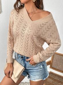 SHEIN VCAY 網眼針織落肩袖套頭毛衣 - 棕色 - 查看 4