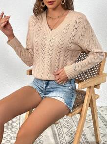 SHEIN VCAY 網眼針織落肩袖套頭毛衣 - 棕色 - 查看 5