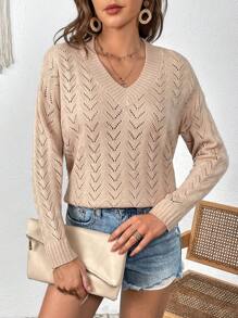 SHEIN VCAY 網眼針織落肩袖套頭毛衣 - 棕色 - 查看 6