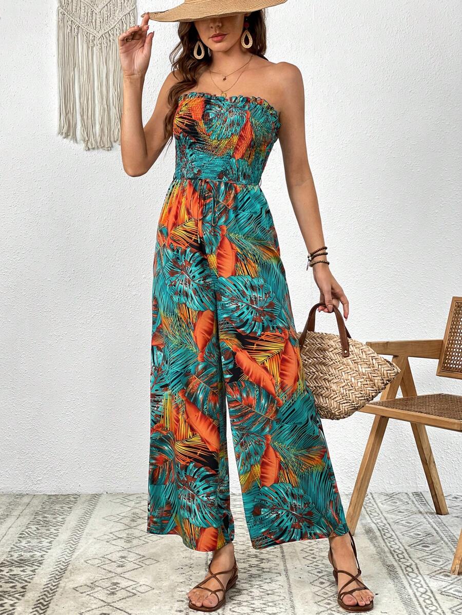 SHEIN VCAY 熱帶圖案腰帶抹胸連體褲 - 彩色 - 查看 1