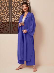 Mulvari Solid Open Front Coat & Wide Leg Pants - Violet Purple - View 3