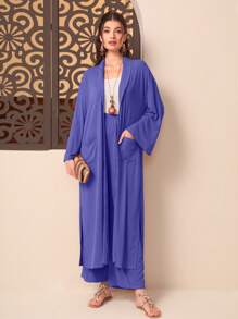 Mulvari Solid Open Front Coat & Wide Leg Pants - Violet Purple - View 5