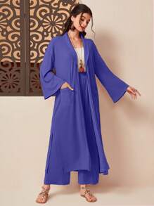 Mulvari Solid Open Front Coat & Wide Leg Pants - Violet Purple - View 6