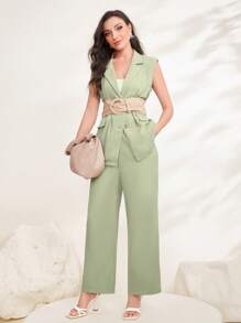 Modelyn Lapel Collar Vest Blazer Without Belt - Green - View 3