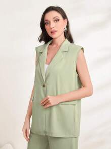 Modelyn Lapel Collar Vest Blazer Without Belt - Green - View 4