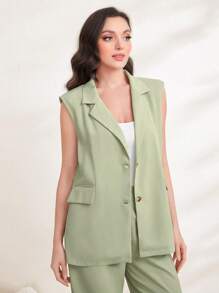 Modelyn Lapel Collar Vest Blazer Without Belt - Green - View 5