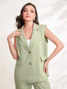Modelyn Lapel Collar Vest Blazer Without Belt - Green - View 6