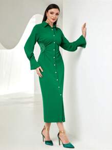 Modelyn Guipure Lace Insert Ruched Shirt Dress - Green - View 1