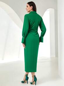 Modelyn Guipure Lace Insert Ruched Shirt Dress - Green - View 2