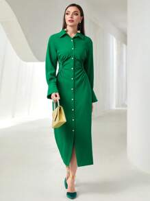 Modelyn Guipure Lace Insert Ruched Shirt Dress - Green - View 3