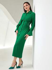 Modelyn Guipure Lace Insert Ruched Shirt Dress - Green - View 4