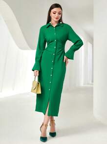 Modelyn Guipure Lace Insert Ruched Shirt Dress - Green - View 5