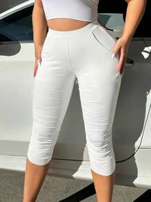 SHEIN SXY Solid Ruched Side Capri Leggings - White - View 3