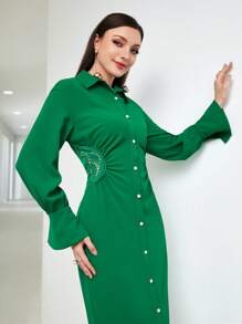 Modelyn Guipure Lace Insert Ruched Shirt Dress - Green - View 6