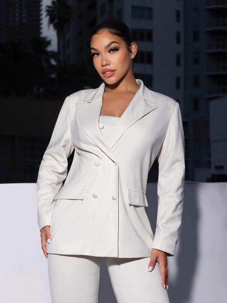SHEIN SXY Double Breasted Flap Detail Blazer - White - View 1