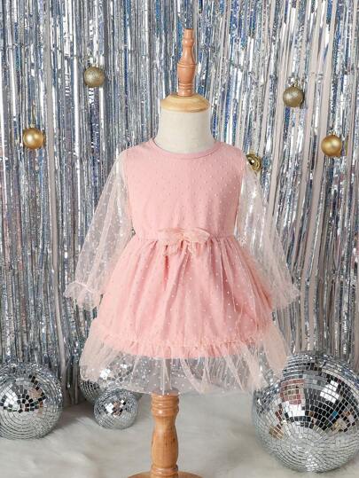 蝴蝶結 網拼接純色嬰童（女）連衣裙