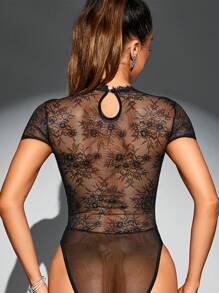 Allurite Floral Lace Insert Bustier Lace Bodysuit - Black - View 2