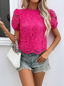 SHEIN LUNE 提花蕾絲泡泡袖貝殼邊襯衫 - 玫紅色 - 查看 1