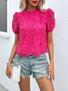 SHEIN LUNE 提花蕾絲泡泡袖貝殼邊襯衫 - 玫紅色 - 查看 4