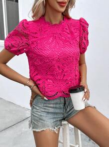 SHEIN LUNE 提花蕾絲泡泡袖貝殼邊襯衫 - 玫紅色 - 查看 5