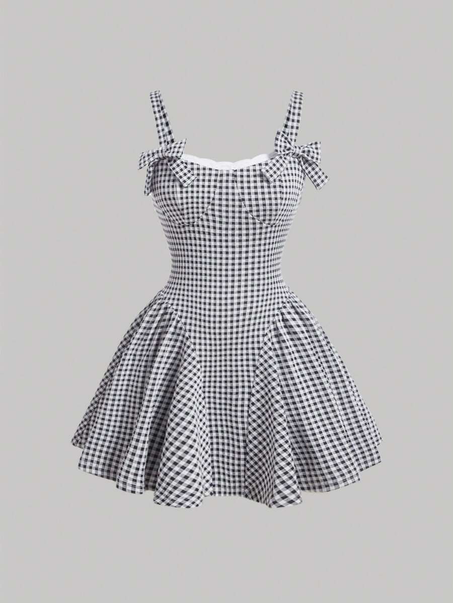 SHEIN MOD 1pc Gingham Print Bow Decor Cami Dress
