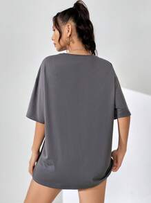 SHEIN EZwear Basketball Sporty Letter Printed Round Neck Drop Shoulder Oversized Loose Fit Women's T-Shirt LOS ANGELES BASKETBALL 19 USA 85 Challenge - Dark Grey - View 2