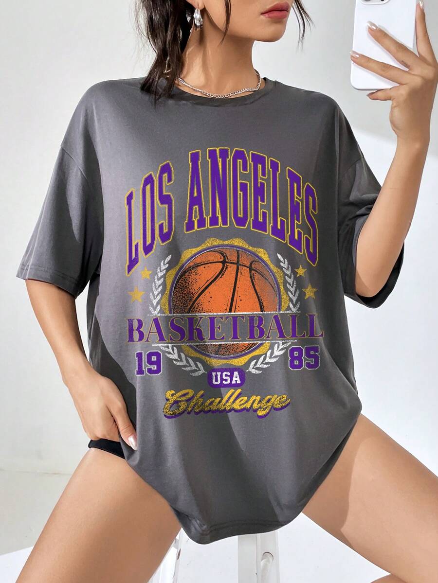 SHEIN EZwear Basketball Sporty Letter Printed Round Neck Drop Shoulder Oversized Loose Fit Women's T-Shirt LOS ANGELES BASKETBALL 19 USA 85 Challenge - Dark Grey - View 1